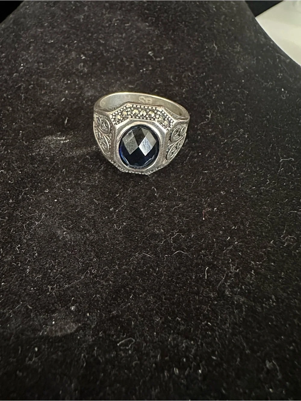 Men’s Silver Ring with Dark Blue Faceted Center Stone